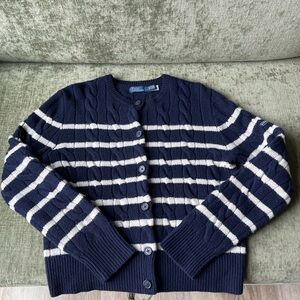 Women’s Navy and Cream Polo Ralph Lauren Wool and Cashmere Cable Knit Cardigan